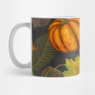 Colorful autumn watercolor seamless botanical pattern, Pumpkins, maple leaves, Physalis composition. Thanksgiving vibrant textural background Mug